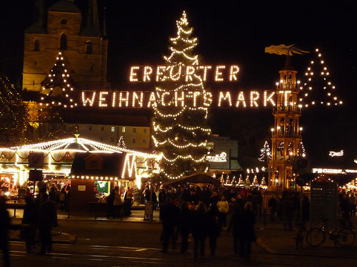 This is a picture of the Christmas Market in the capital city of Thuringia, Erfurt. This is a tradition because Christmas markets are held at the same time every year and are often held in the same place too.