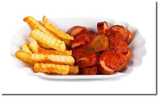 This is a picture of Currywurst - a curried sausage dish that originated in Berlin.