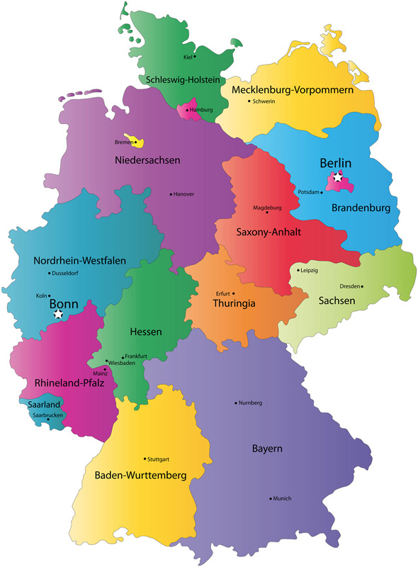 This is a map of Germany showing each of the 16 German states and their capital cities. The capital city of Schleswig-Holstein is Kiel, the capital of Mecklenburg-Vorpommern is Schwerin, the capital city of Niedersachsen is Hanover, the capital of Brandenburg is Potsdam, the capital of Sachsen-Anhalt is Magdeburg, the capital city of Nordrhein-Westfalen is Bonn, the capital of Hessen is Wiesbaden, the capital of Rheinland-Pfalz is Mainz, the capital of Saarland is Saarbrücken, the capital city of Thüringen is Erfurt, the capital of Sachsen is Dresden, the capital city of Baden-Württemberg is Stuttgart and the capital of Bayern (Bavaria) is München. Hamburg, Bremen and Berlin are all their own capitals, because they’re city-states – much like Canberra in the ACT.